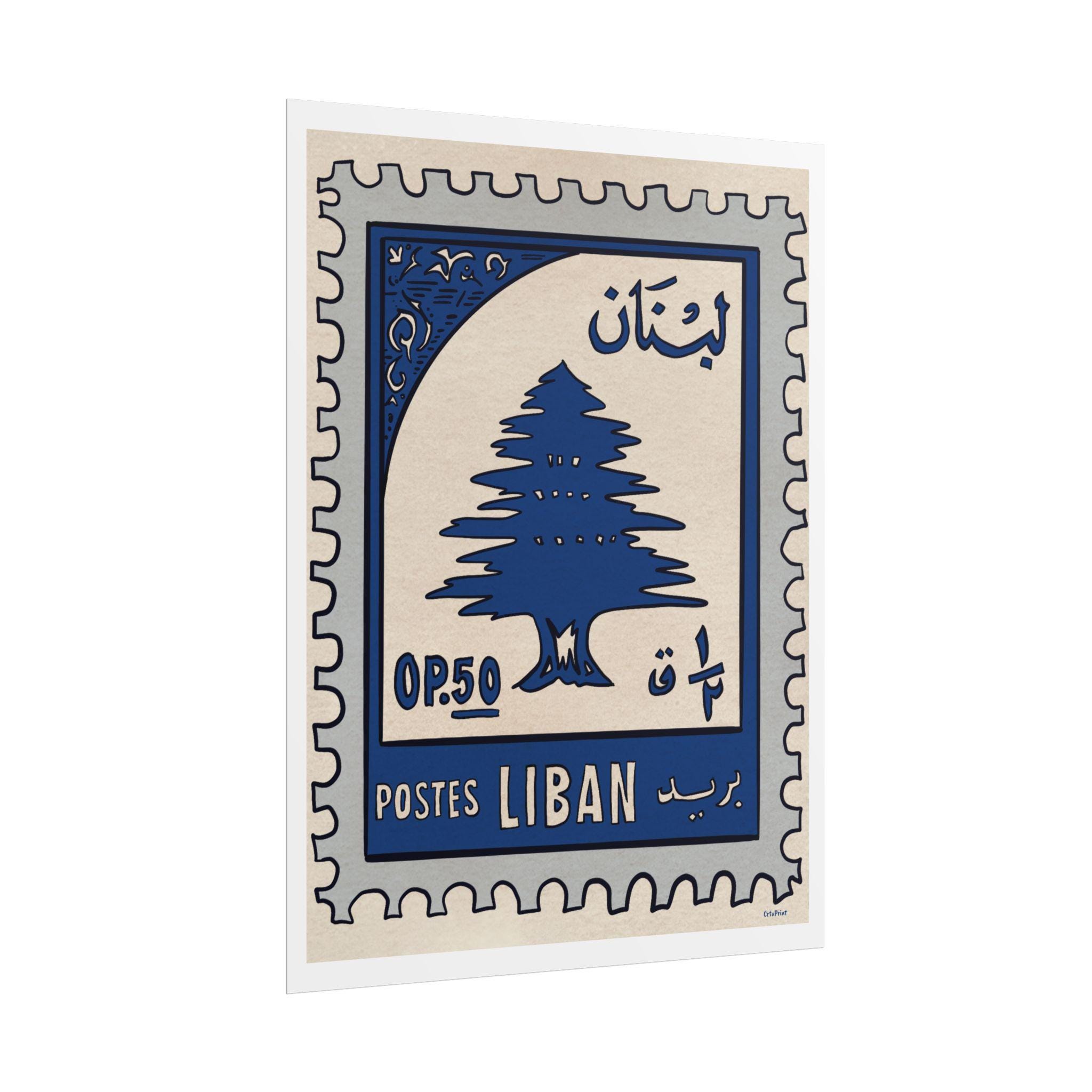 Lebanese Stamp Art Print: Vintage Blue Lebanon Poster
