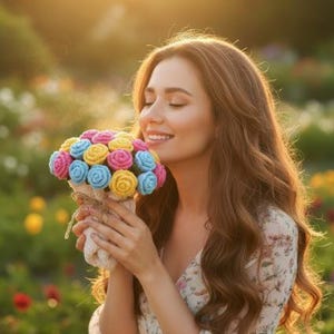 May include: A bouquet of small, crocheted flowers in shades of bright yellow, light blue, and pink. The flowers are arranged in a rounded cluster and wrapped in a textured, off-white fabric tied with a thin, natural-colored twine string.