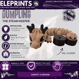 May include: An articulated tan dragon figurine with black horns and eyes, featuring a long segmented body. The creature is paired with two black cylindrical containers, one of which holds a small tan dumpling-shaped character with a smiling face.