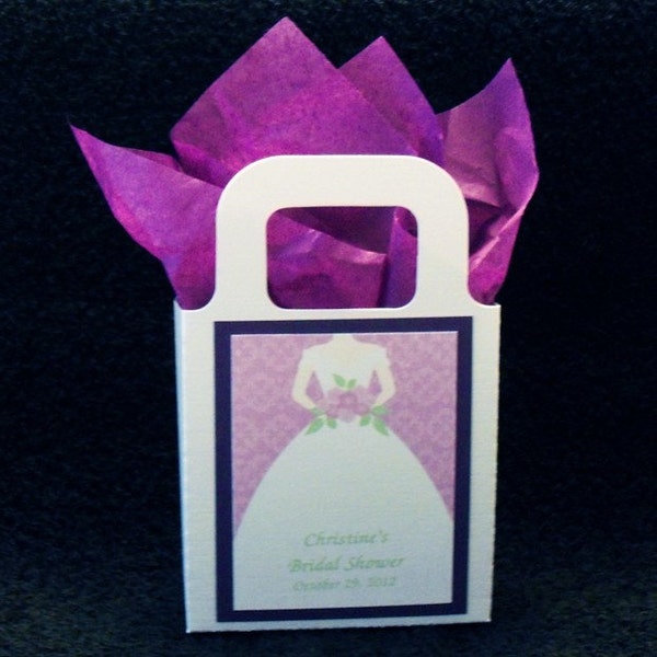 Bridal Shower Party Favor Bags, white bag with purple trim and  bridal gown design, set of 10