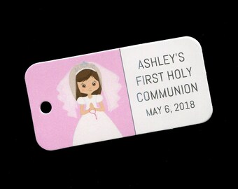 First Communion Favor Tags - Personalized - Girl - Gift Tags - Personalized Favor Tags - Girls Communion Tags - Pink - Brunette