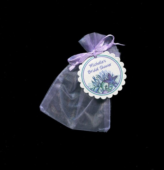 Personalized Bridal Shower Favor Tags With Bags For Beach Wedding Seashell Bridal Shower Tags Nautical Tags Lavender Organza Bags