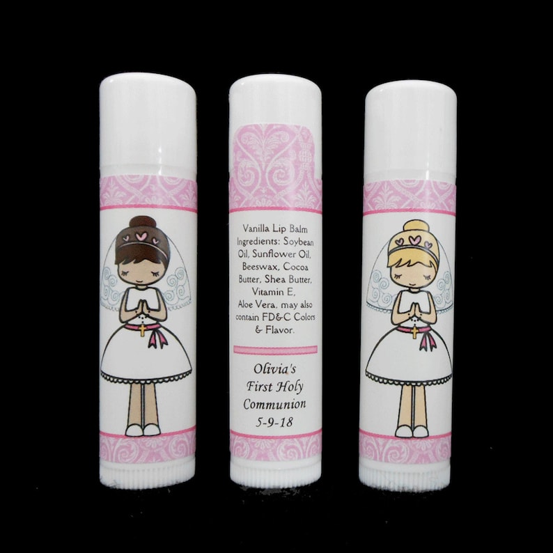 Vanilla Lip Balm Pink First Communion Favors Personalized Girl/'s Thank You Gift Party Favor Lip Balm Favors