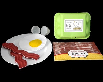 Felt Food Bacon and Egg Set for Pretend Food Play, Pretend Food for Play Kitchen Grocery Stores Restaurants