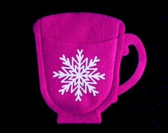 Christmas Party Favor Felt Teacup Favor Bags wth White Snowflake for Cocoa, Gift Cards, Candy, Place Setting Table Decor