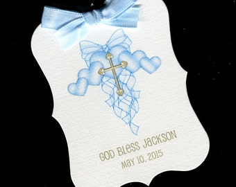 20 Personalized Christening Favor Tags - Baby Boy - Baptism Favor Tags - First Holy Communion Tags - Blue Hearts - Cross - Favor Tags