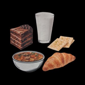 May include: An illustration of a meal featuring a slice of chocolate cake, a glass of milk, two crackers, a bowl of soup, and a croissant. The items are arranged on a black background, creating a simple, yet appetizing composition.