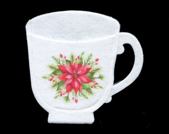 Felt Teacup with Christmas Poinsettia Treat Bag, Christmas Party Favor Bag, CoWorker Gift, Place Setting Favor