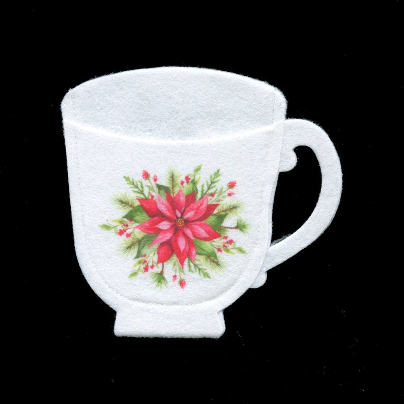 Felt Teacup with Christmas Poinsettia Treat Bag, Christmas Party Favor Bag, CoWorker Gift, Place Setting Favor image 1