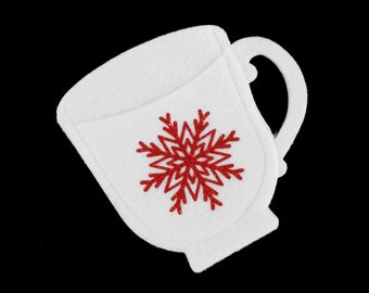 Christmas Party Favor Felt Tea Cup, Favor Bag Gift Card Holder Table Decor - White with Red Snowflake