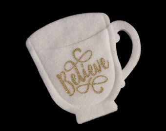 Christmas Party Favor Felt Teacup, Favor Bags Gift Card Holder - Santa Party - White with Gold Believe