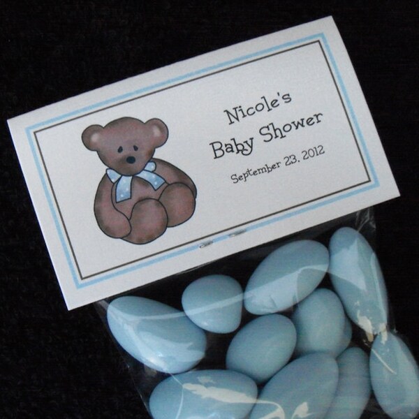 Personalized Baby Shower Favor Toppers with Bags, teddy with blue bow, set of 50