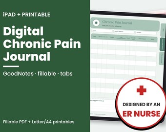Puede incluir: Un diario digital de dolor crónico mostrado en la pantalla de una tableta con fondo verde. El texto dice IPAD + PRINTABLE, Digital Chronic Pain Journal, GoodNotes, fillable, tabs, Fillable PDF + Letter/A4 printables, DESIGNED BY AN ER NURSE.