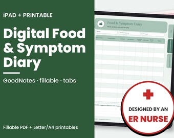 Puede incluir: Un diario digital de alimentos y síntomas en la pantalla de una tableta con fondo verde. La interfaz incluye columnas para fecha, hora, alimentos, bebidas, síntomas y notas. Una insignia circular presenta una cruz roja y el texto DESIGNED BY AN ER NURSE.