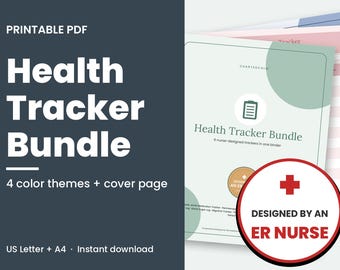 Puede incluir: Un paquete de seguimiento de salud en PDF imprimible que incluye una portada con el texto Health Tracker Bundle, 9 rastreadores diseñados por enfermeras y una insignia circular que dice Designed by an ER Nurse con una cruz médica roja.