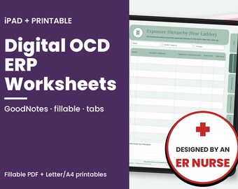 Puede incluir: Hojas de trabajo digitales OCD ERP para iPad e impresión. El fondo morado presenta texto blanco que dice Digital OCD ERP Worksheets, GoodNotes, fillable, tabs y Fillable PDF + Letter/A4 printables. Una tableta muestra un formulario verde de jerarquía.