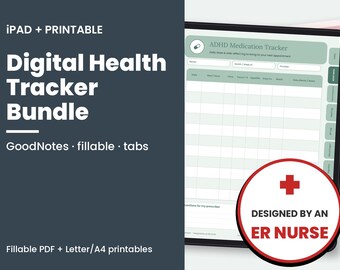 Puede incluir: Un paquete de seguimiento de salud digital para iPad e impresión, que incluye una plantilla verde de seguimiento de medicamentos para TDAH con pestañas y una insignia circular con una cruz roja y el texto: DESIGNED BY AN ER NURSE.