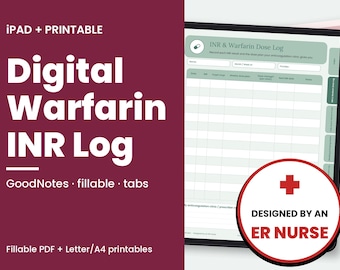 Puede incluir: Un planificador digital de registro de INR y dosis de warfarina en una pantalla de tableta con fondo granate. La interfaz incluye un icono de pastilla, una tabla para datos médicos y una insignia circular DESIGNED BY AN ER NURSE.
