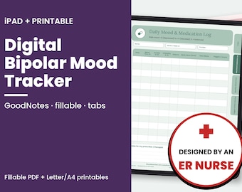 Puede incluir: Un registro digital de estado de ánimo y medicación en una pantalla de tableta con fondo morado que muestra el texto Digital Bipolar Mood Tracker, GoodNotes, fillable, tabs y una insignia Designed by an ER Nurse.
