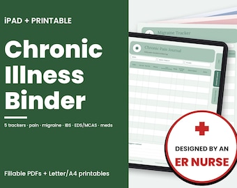 Puede incluir: Un archivador digital para enfermedades crónicas mostrado en una pantalla de tableta con páginas imprimibles. El texto dice Chronic Illness Binder, 5 trackers, pain, migraine, IBS, EDS/MCAS, meds, Fillable PDFs, Letter/A4 printables, Designed by an ER Nurse.