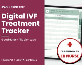 Puede incluir: Un rastreador de tratamiento de FIV digital en la pantalla de una tableta con fondo granate. La interfaz presenta un encabezado verde etiquetado como IVF Medication & Injection Log, una cuadrícula de seguimiento y una insignia circular con DESIGNED BY AN ER NURSE.