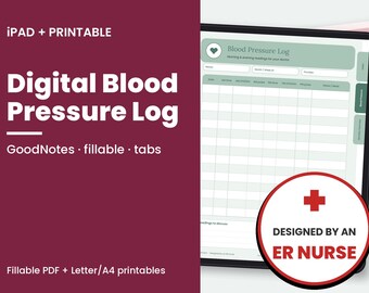 Puede incluir: Una plantilla digital de registro de presión arterial para iPad e impresión. La interfaz presenta un encabezado verde salvia con un icono de corazón, columnas para fecha, hora, pulso y notas, y una insignia con Designed by an ER Nurse.
