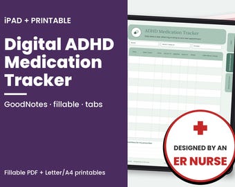 Puede incluir: Un rastreador digital de medicamentos para el TDAH en la pantalla de una tableta con fondo morado, texto blanco que dice Digital ADHD Medication Tracker, GoodNotes, fillable, tabs y una insignia circular roja Designed by an ER Nurse.