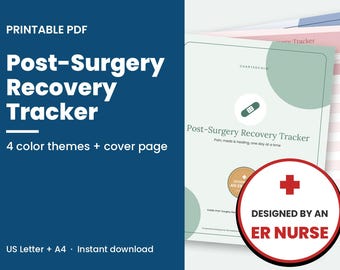 Puede incluir: Un rastreador de recuperación postoperatoria en PDF imprimible con cuatro temas de color y una portada. El documento presenta una cubierta verde con un icono de tirita, el texto Post-Surgery Recovery Tracker y una insignia circular roja.