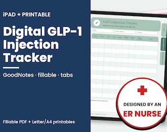Puede incluir: Un rastreador digital de inyecciones GLP-1 mostrado en una pantalla de tableta con fondo azul oscuro y texto blanco. El rastreador incluye una tabla para registrar fechas, dosis, sitios, pesos y efectos secundarios, además de una insignia circular roja.