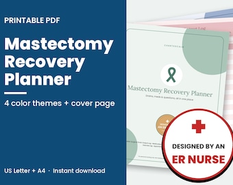 Puede incluir: Un planificador de recuperación de mastectomía en PDF imprimible con un icono de cinta verde, el texto "Mastectomy Recovery Planner", "Drains, meds & questions, all in one place" y una insignia circular "DESIGNED BY AN ER NURSE" con una cruz roja.