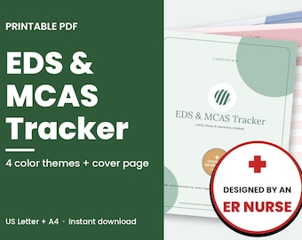 Puede incluir: Un rastreador EDS & MCAS en PDF imprimible con cuatro temas de color y una portada. El documento incluye un registro para articulaciones, brotes y reacciones, con una insignia circular que dice Designed by an ER Nurse.