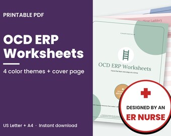 Puede incluir: Hojas de trabajo PDF imprimibles OCD ERP con cuatro temas de color y una página de portada. El documento incluye un icono de escalera, el texto OCD ERP Worksheets y la frase Face the fear one step at a time. Una insignia circular indica Designed by an ER Nurse.