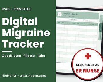 Puede incluir: Un rastreador de migrañas digital en la pantalla de una tableta con fondo verde que muestra el texto "Digital Migraine Tracker", "iPad + Printable", "GoodNotes, fillable, tabs" y una insignia circular "DESIGNED BY AN ER NURSE".