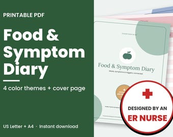 Puede incluir: Un diario de alimentos y síntomas en PDF imprimible con cuatro temas de color y una portada. El documento incluye el texto Food & Symptom Diary, Meals, symptoms & triggers, connected y una insignia con Designed by an ER Nurse.