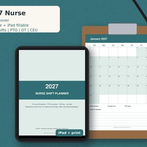 Printbare en invulbare PDF-planner voor verpleegkundigen in 2027, inclusief 12-uursdienstkalender, dienstplanner, logboek voor betaald verlof en overuren, tracker voor bijscholing (CEU), ideaal als cadeau voor verpleegkundigen.