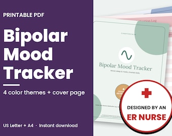 Puede incluir: Un rastreador de estado de ánimo bipolar en PDF imprimible con cuatro temas de color y una portada. El documento incluye un registro diario de estado de ánimo y medicamentos. Una insignia circular indica Designed by an ER Nurse con una cruz.