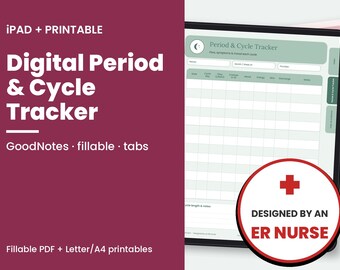 Puede incluir: Un rastreador digital de periodo y ciclo mostrado en una pantalla de tableta con fondo granate. El texto dice: IPAD + PRINTABLE, Digital Period & Cycle Tracker, GoodNotes, fillable, tabs, Fillable PDF + Letter/A4 printables, DESIGNED BY AN ER NURSE.