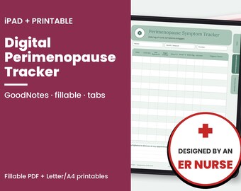 Puede incluir: Un rastreador digital de síntomas de perimenopausia mostrado en una pantalla de tableta con fondo granate. La interfaz presenta un encabezado verde claro, una cuadrícula para registros diarios y pestañas. Una insignia circular dice: Designed by an ER nurse.
