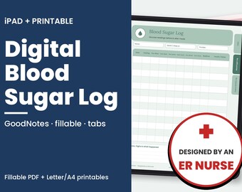 Puede incluir: Un registro digital de azúcar en sangre para iPad e imprimible, con encabezado verde, icono de gota de agua, cuadrícula para lecturas de glucosa y pestañas. El texto dice Digital Blood Sugar Log, GoodNotes, fillable, tabs y Designed by an ER Nurse.