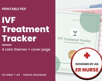 Puede incluir: Un rastreador de tratamiento de FIV en PDF imprimible con una portada que muestra un icono de brote y el texto IVF Treatment Tracker, Every shot, scan & question in one place, además de una insignia Designed by an ER Nurse.