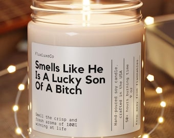 Personalisierte Verlobungsgeschenk Er ist ein glücklicher Sohn einer Hündin Kundenspezifische Kerze verlobte Brautparty-Hochzeits-lustige handgemachte Glückwunschs-Gastgeschenk