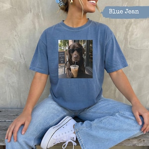 Dog wearing sunglasses in a coffee shop, printed on a blue t-shirt.