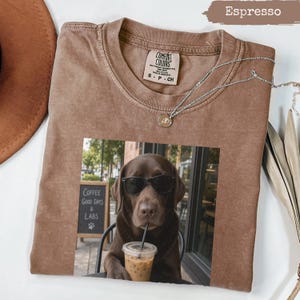 May include: Espresso-coloured t-shirt featuring a graphic of a brown Labrador wearing sunglasses and drinking iced coffee. The graphic includes the text "Coffee Good Days & Labs". The shirt has a crew neck and is made of a soft material.