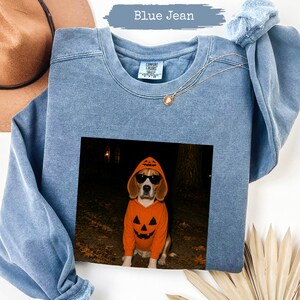 May include: A blue jean coloured crewneck sweatshirt featuring a graphic print of a dog wearing an orange pumpkin hoodie and black sunglasses. The sweatshirt has a Comfort Colors brand label at the inner neckline and a gold chain necklace.