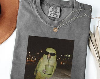 Comfort Colors® Parrot Drinking Smoothie Shirt, Funny Bird Sunglasses Tee, Cool Animal Lover Gift, Chill Tropical Vibes, Quirky Night Out