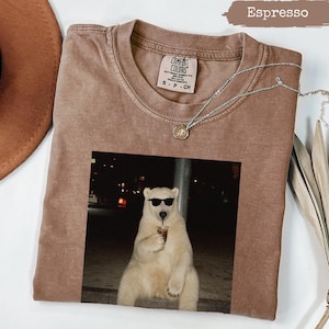 Brown Comfort Colors t-shirt with polar bear wearing sunglasses drinking coffee.