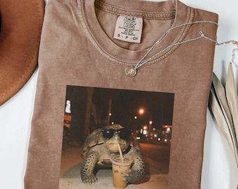 Comfort Colors® Cool Turtle Shirt, Iced Coffee Funny Animal Tee, Sunglasses Coffee Lover Gift, Chill Vibe T-Shirt, Meme Humor Shirt
