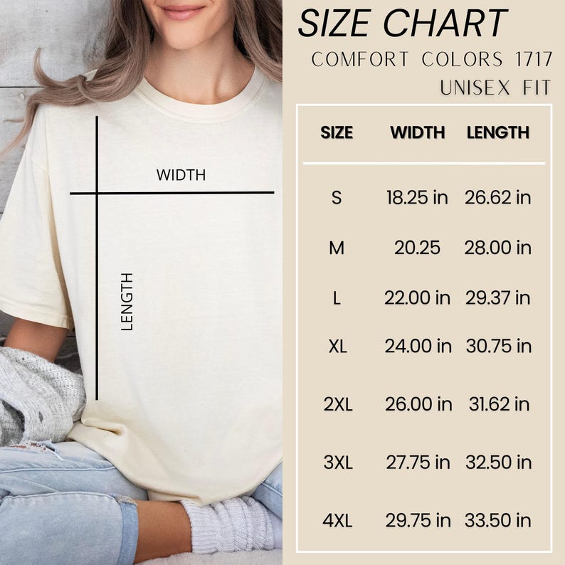 Comfort Colors 1717 unisex fit size chart with width and length measurements.
