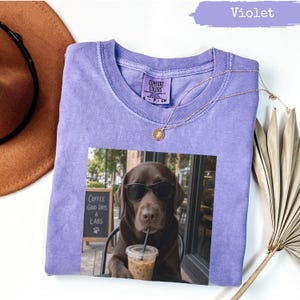 Violet Comfort Colors t-shirt with a printed image of a Labrador wearing sunglasses.