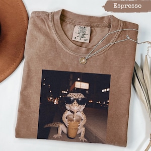 Comfort Colors® Cool Gecko Drinking Iced Coffee Shirt, Funny Lizard Sunglasses Tee, Animal Lover Gift, Cute Reptile Graphic Shirt, Quirky